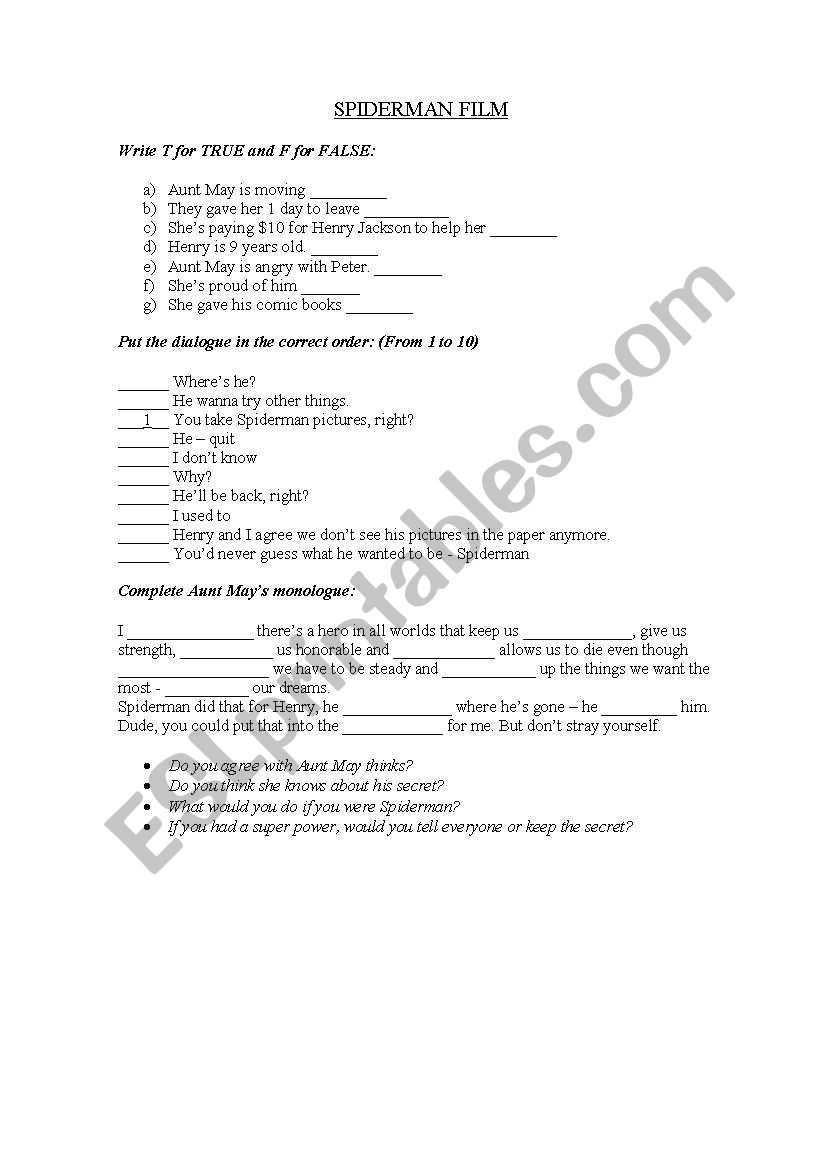 Spider man worksheet