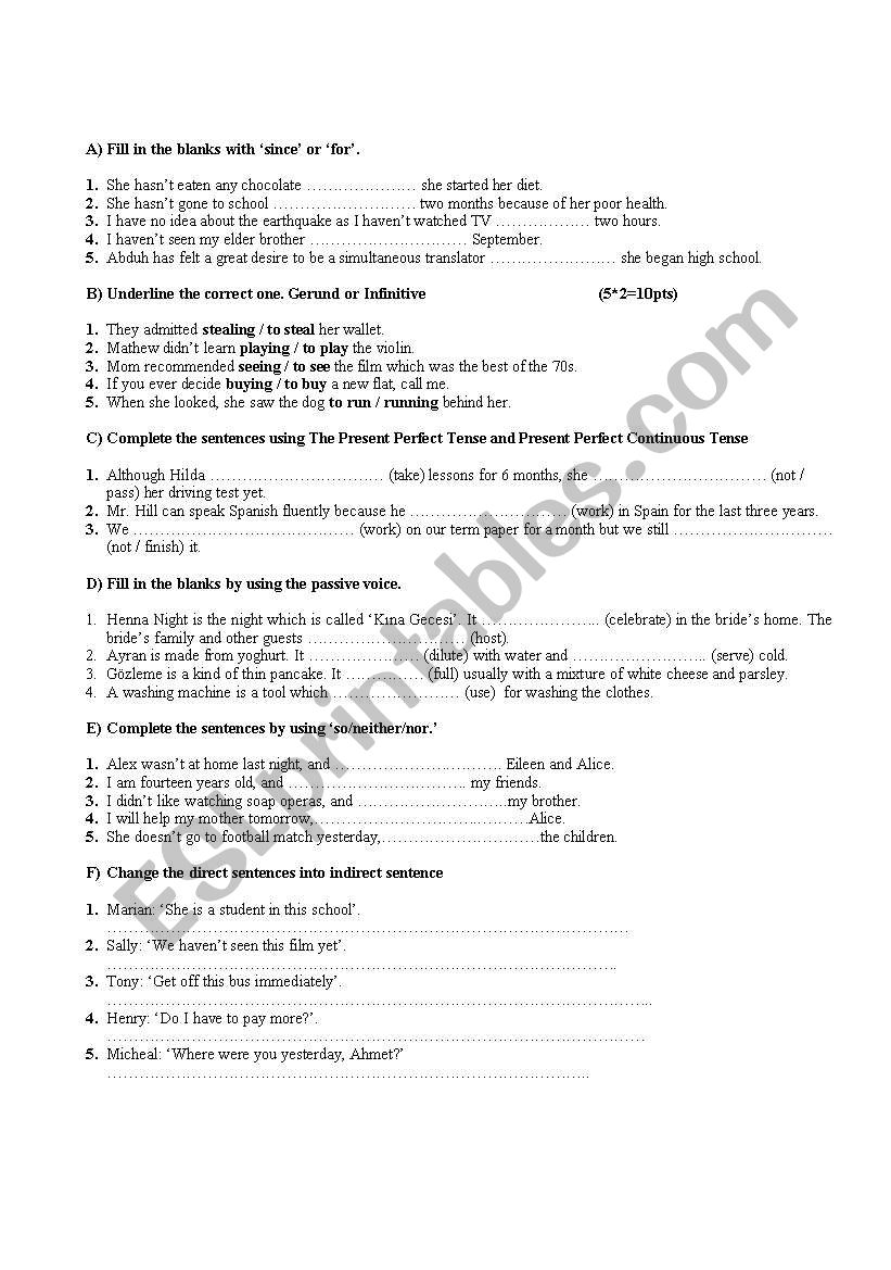 grammar review worksheet