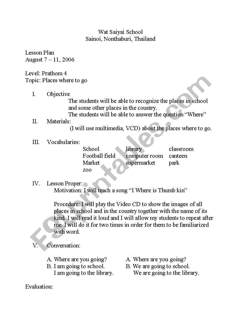 Place where to go worksheet