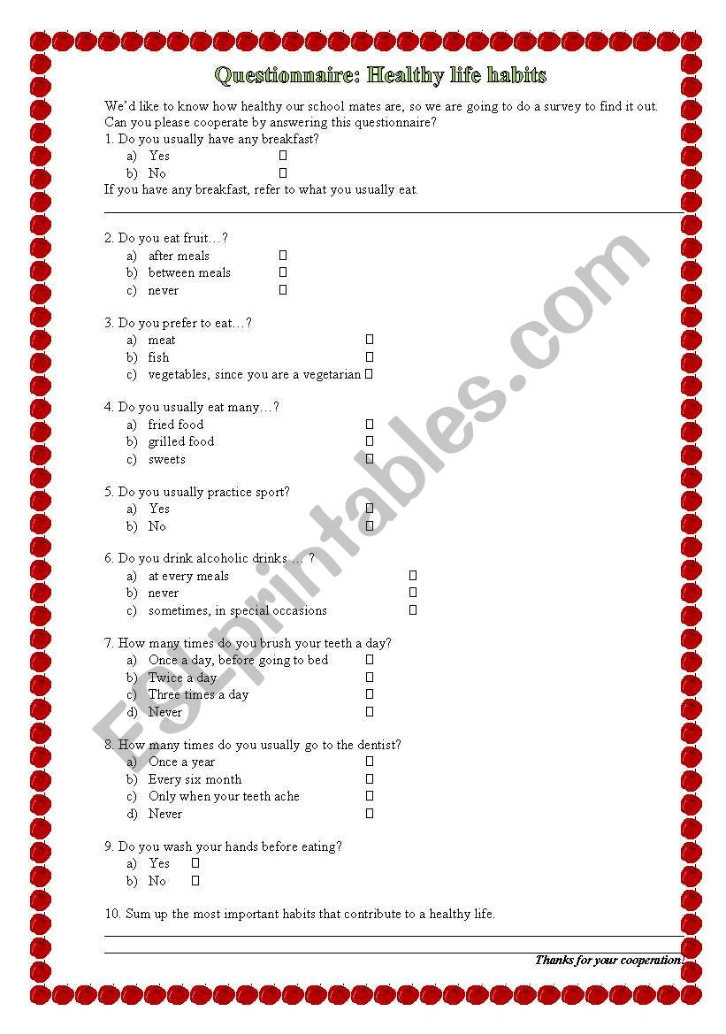 Quetionnair-Healthy habits worksheet