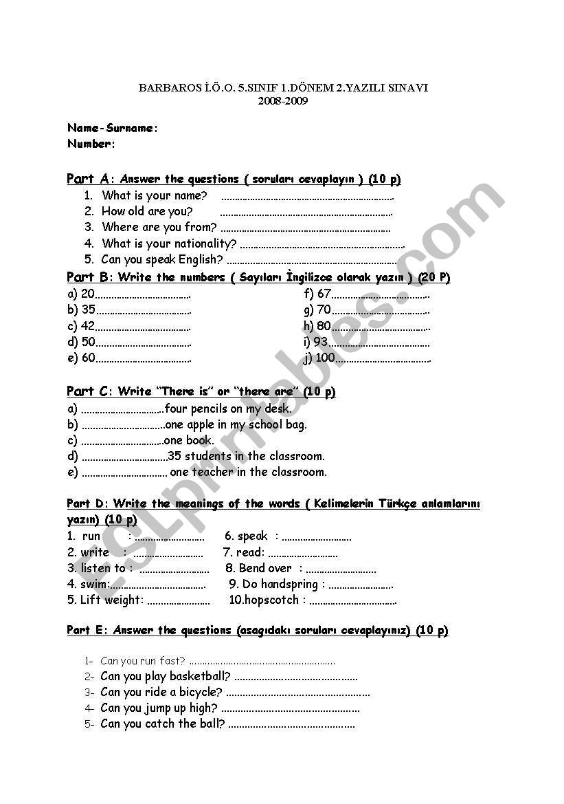 5th Grade 1st Term 2nd English Written Exam ESL Worksheet By Nersephone