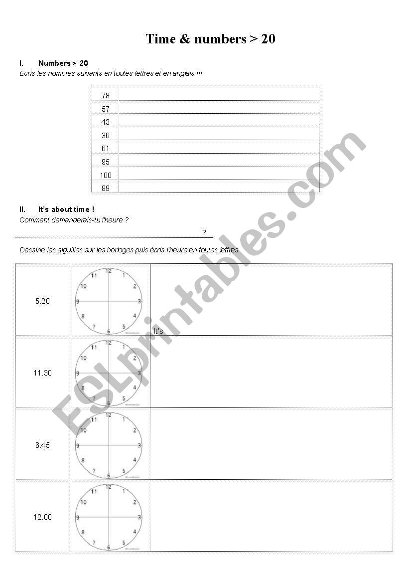 Time and Number exercise sheet