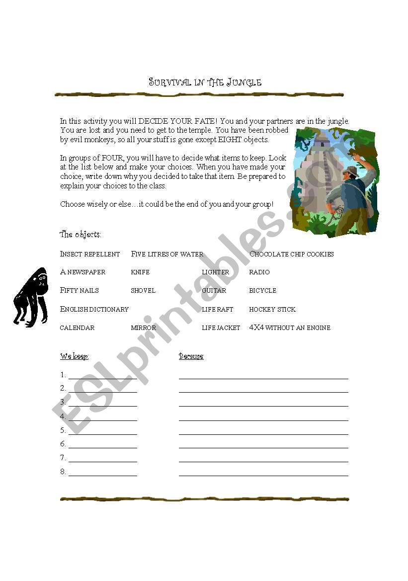 Survival in the Jungle worksheet