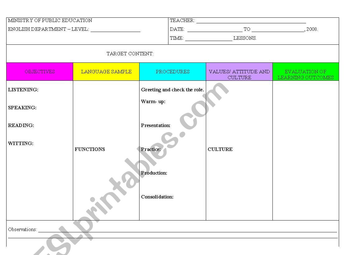 Curriculum worksheet