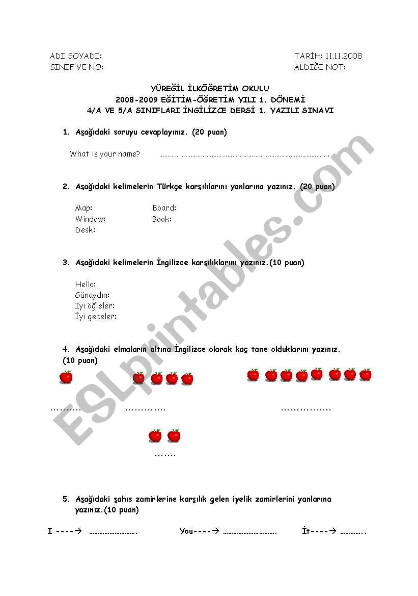 class 4 /first exam worksheet