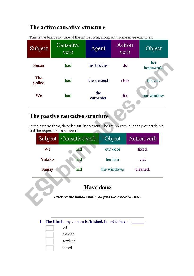 Causative structure worksheet