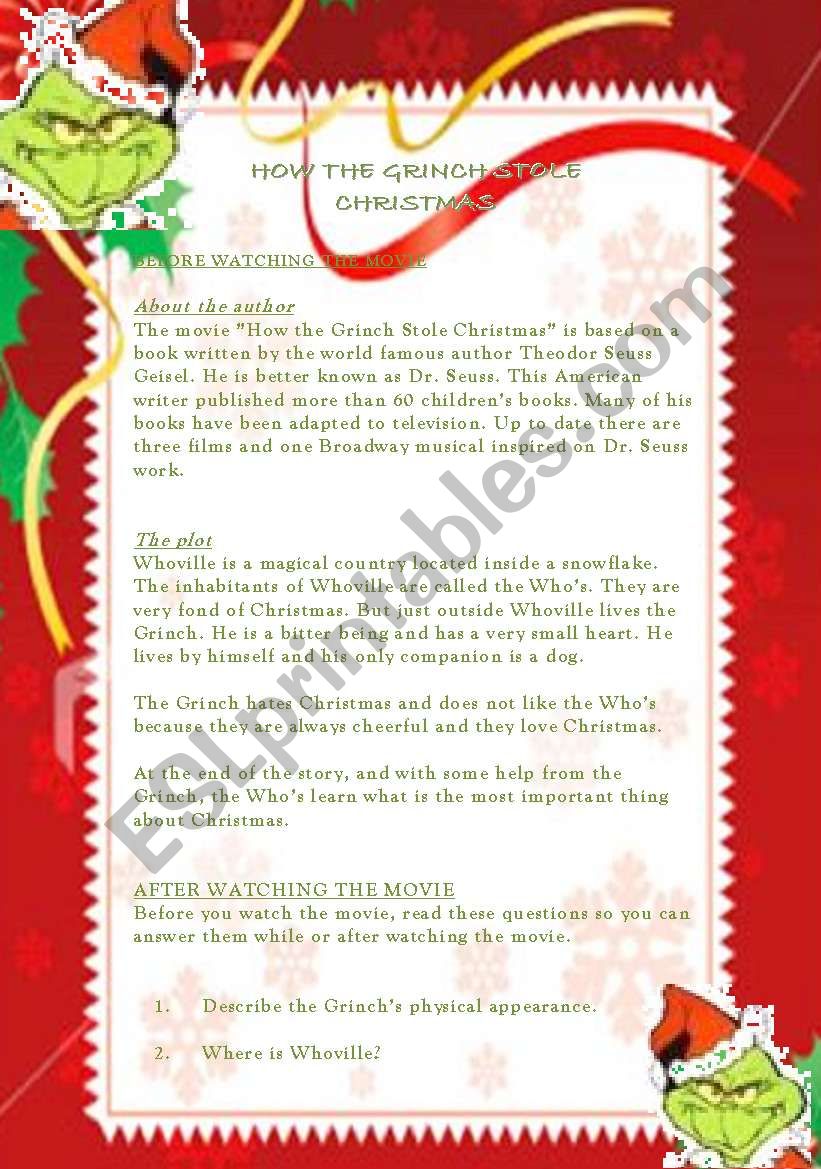 How The Grinch Stole Christmas  -  Lesson Plan 2 pages