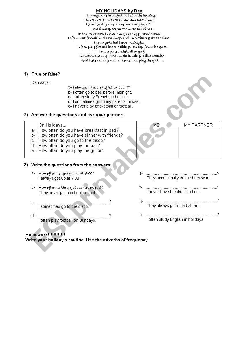 Present Simple - My Holidays worksheet