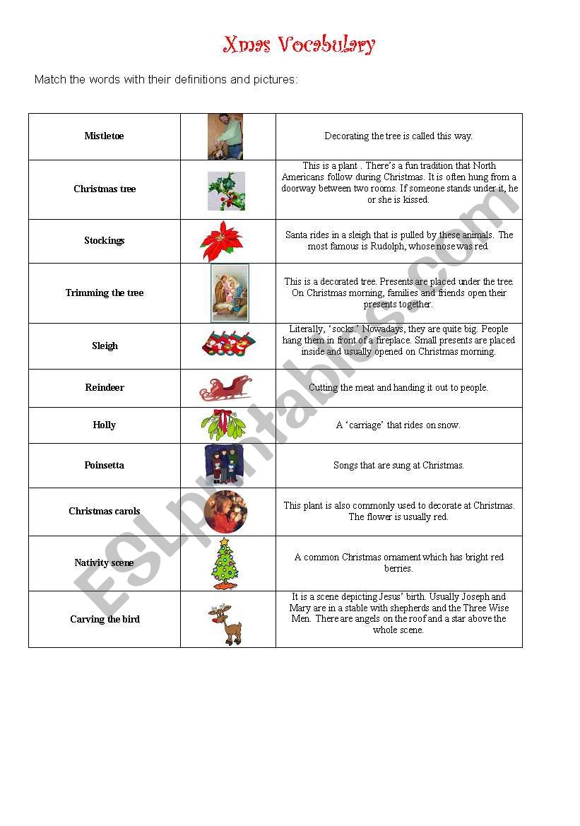 Christmas vocabulary worksheet