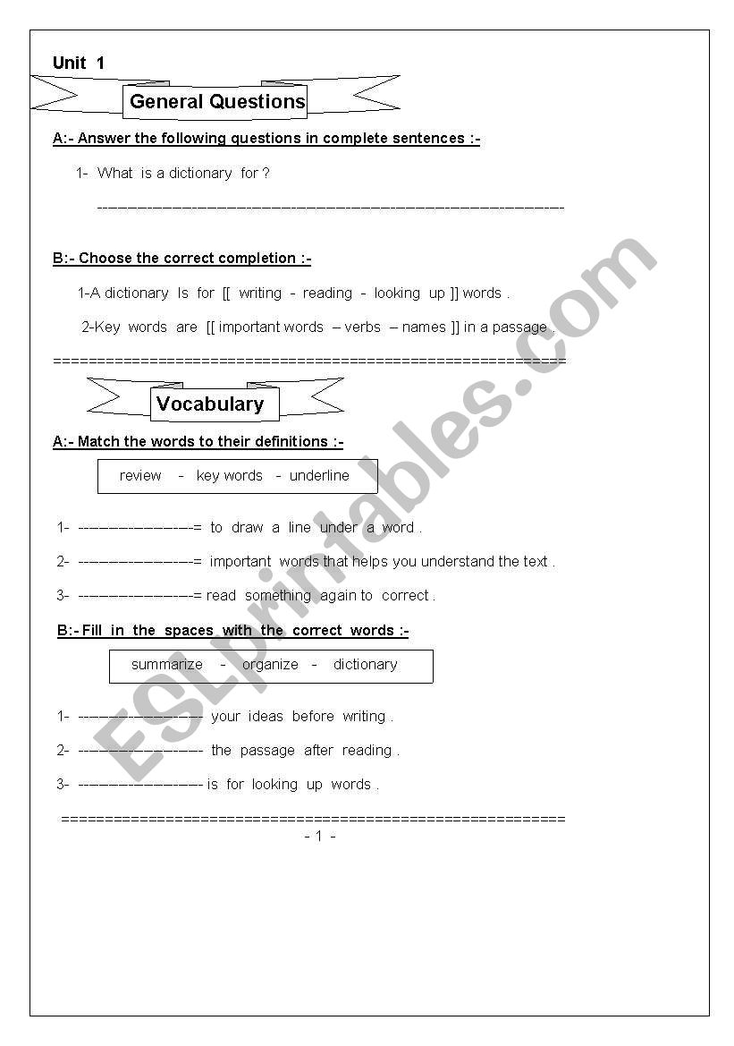 dictionary   worksheet