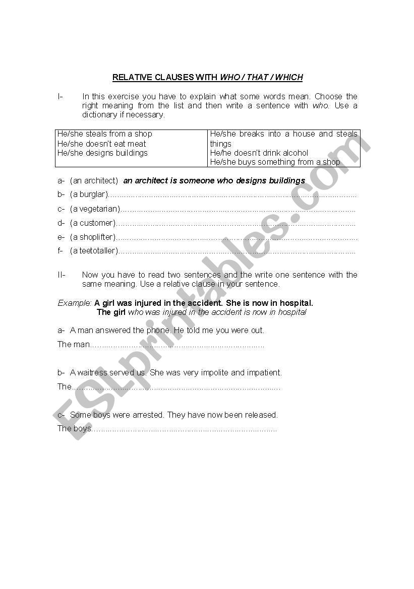 Exercises on Relative Clauses worksheet