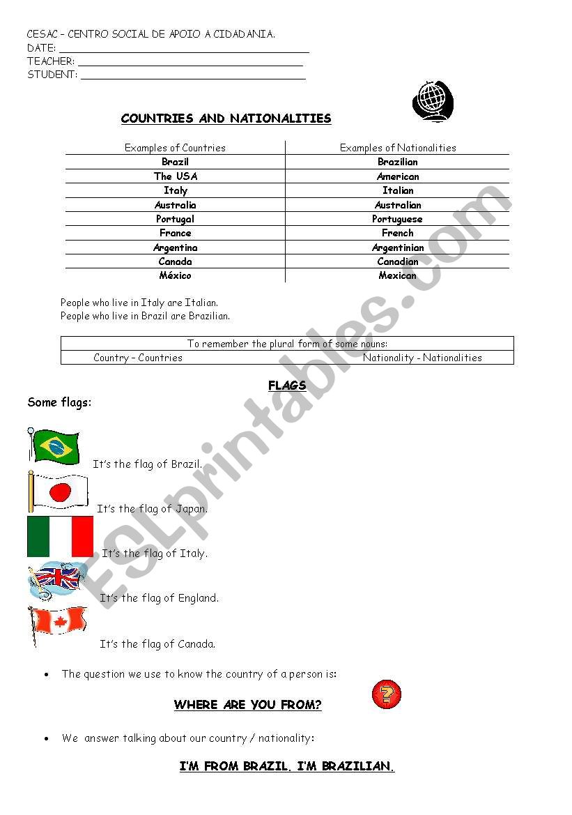 COUNTRIES AND NATIONALITIES worksheet