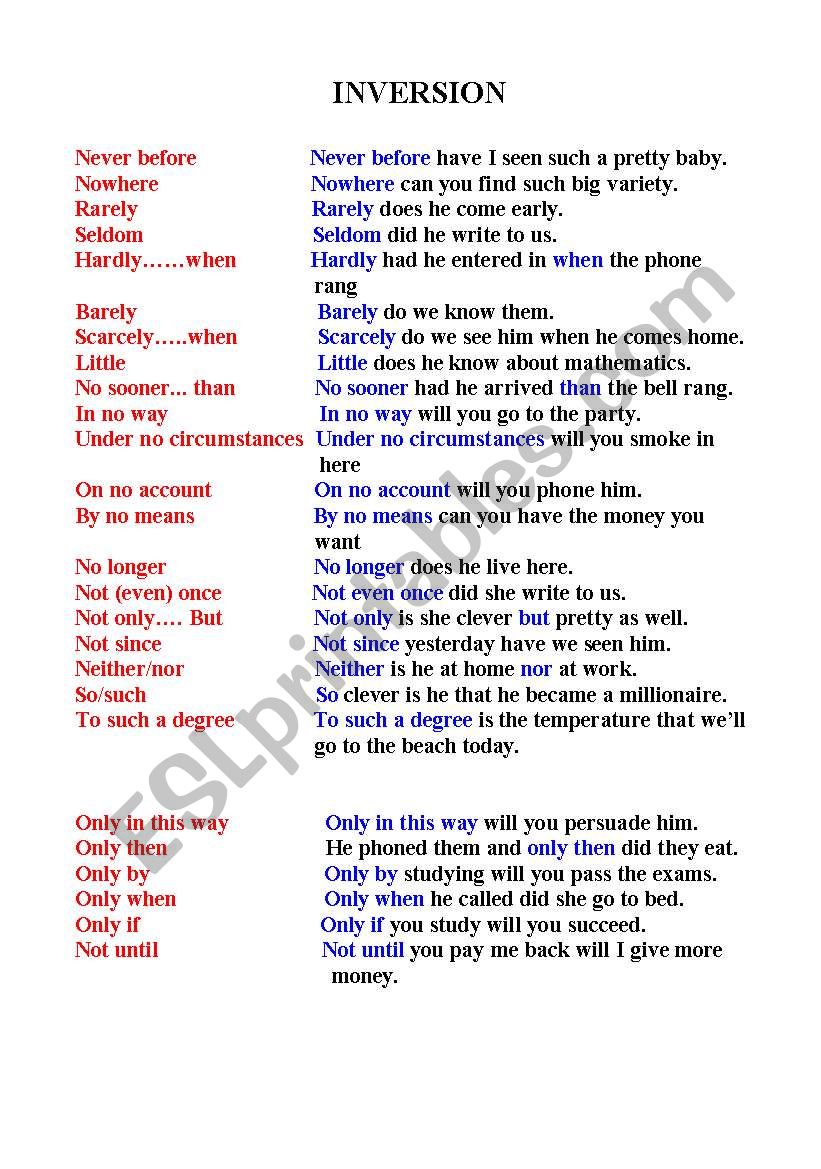 Examples Of Inversion ESL Worksheet By Hannale