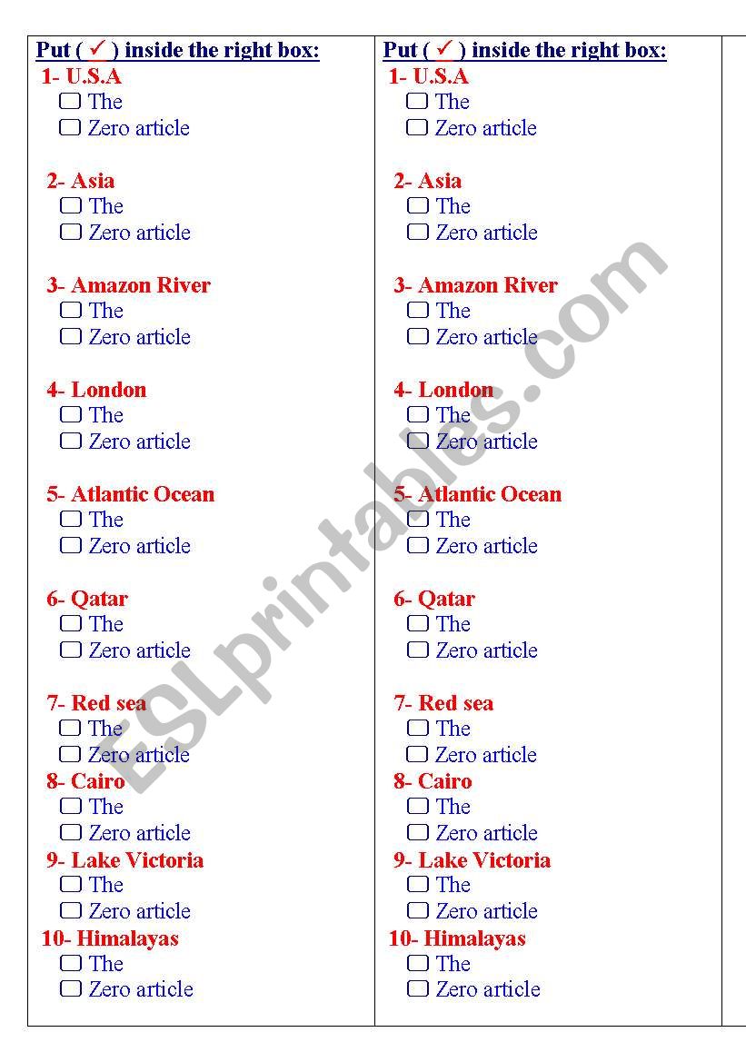 The or Zero article worksheet