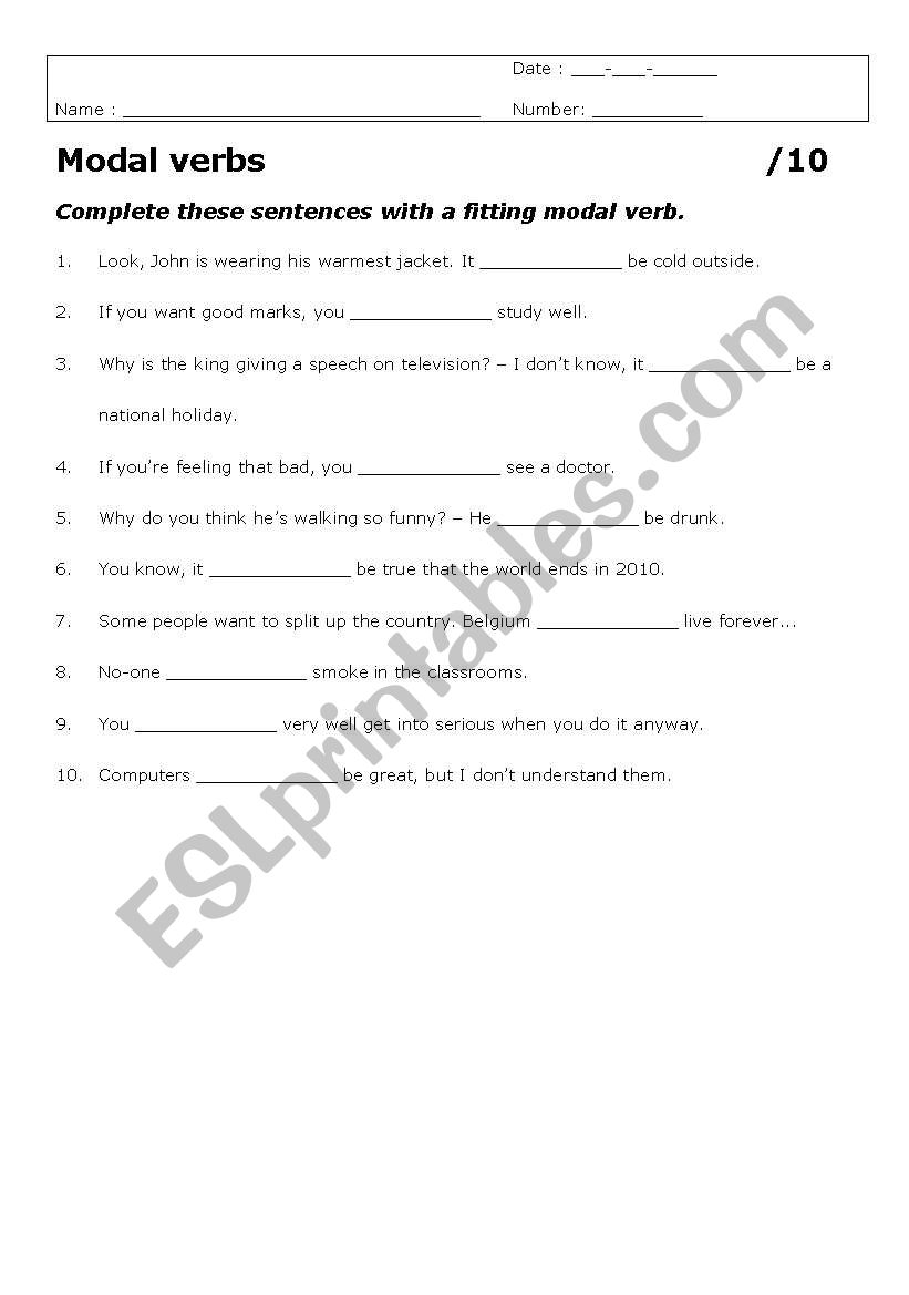 Modal verbs - test worksheet