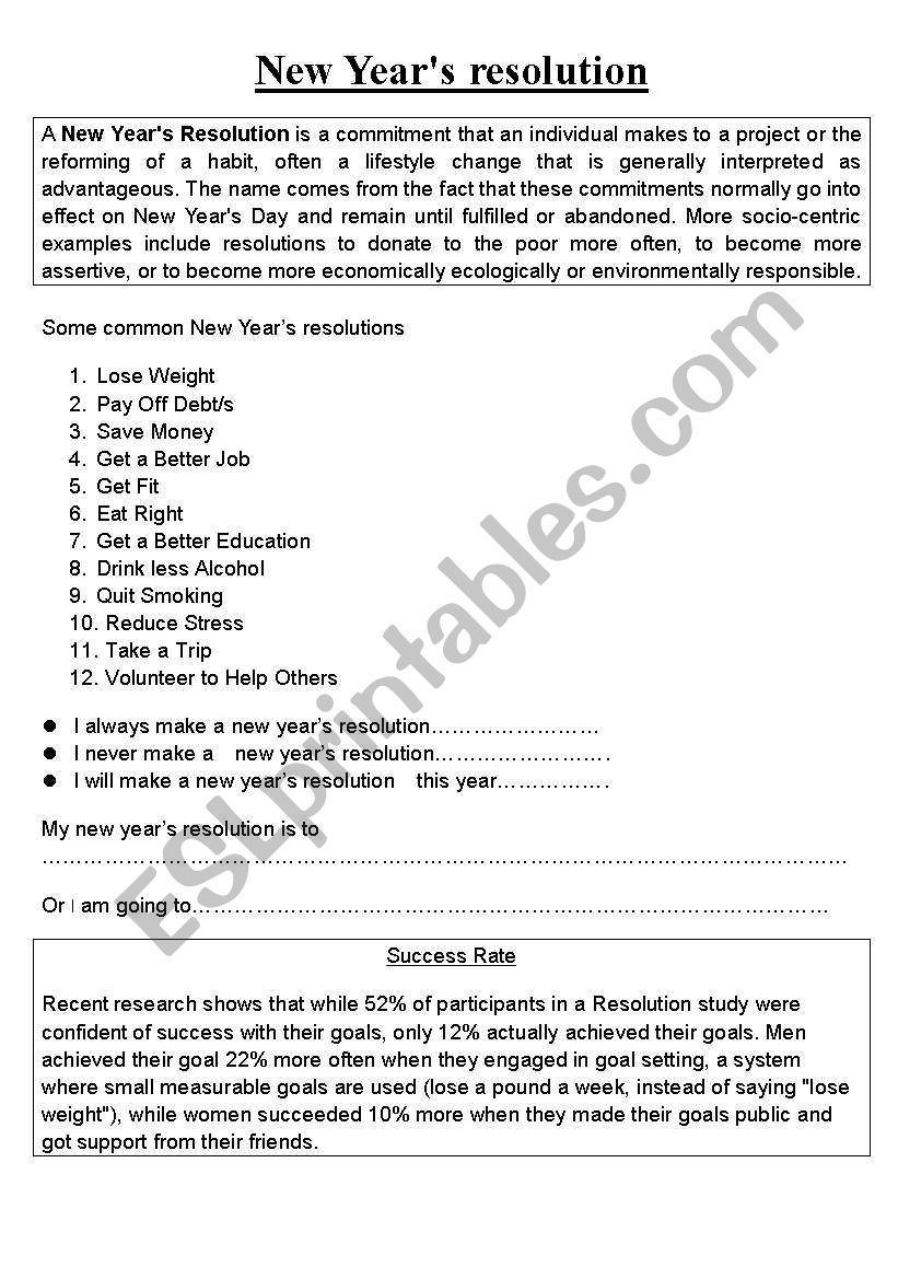 new years resolutions advanced adults class sheet esl