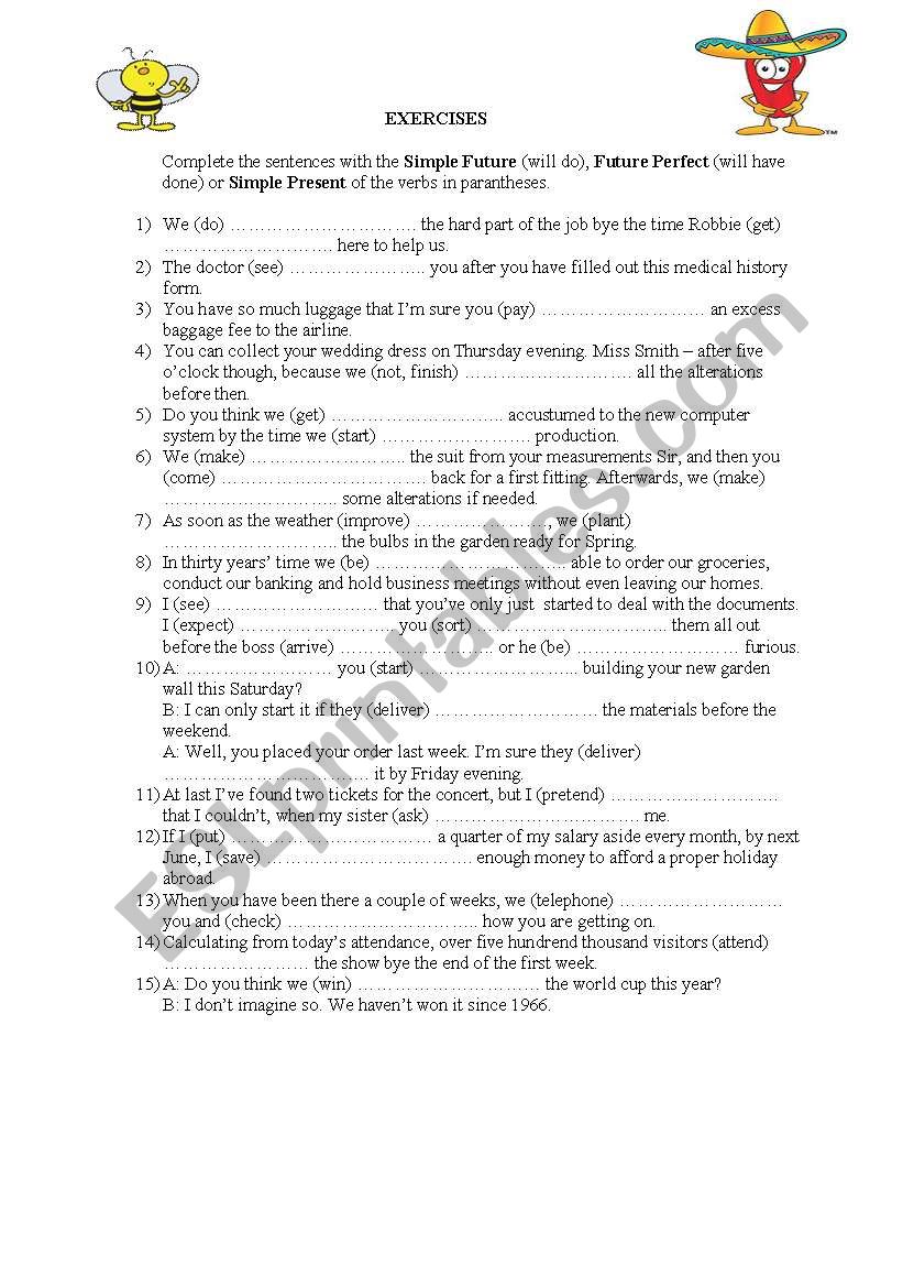 simple future, future perfect and simple peresent - ESL worksheet by ...