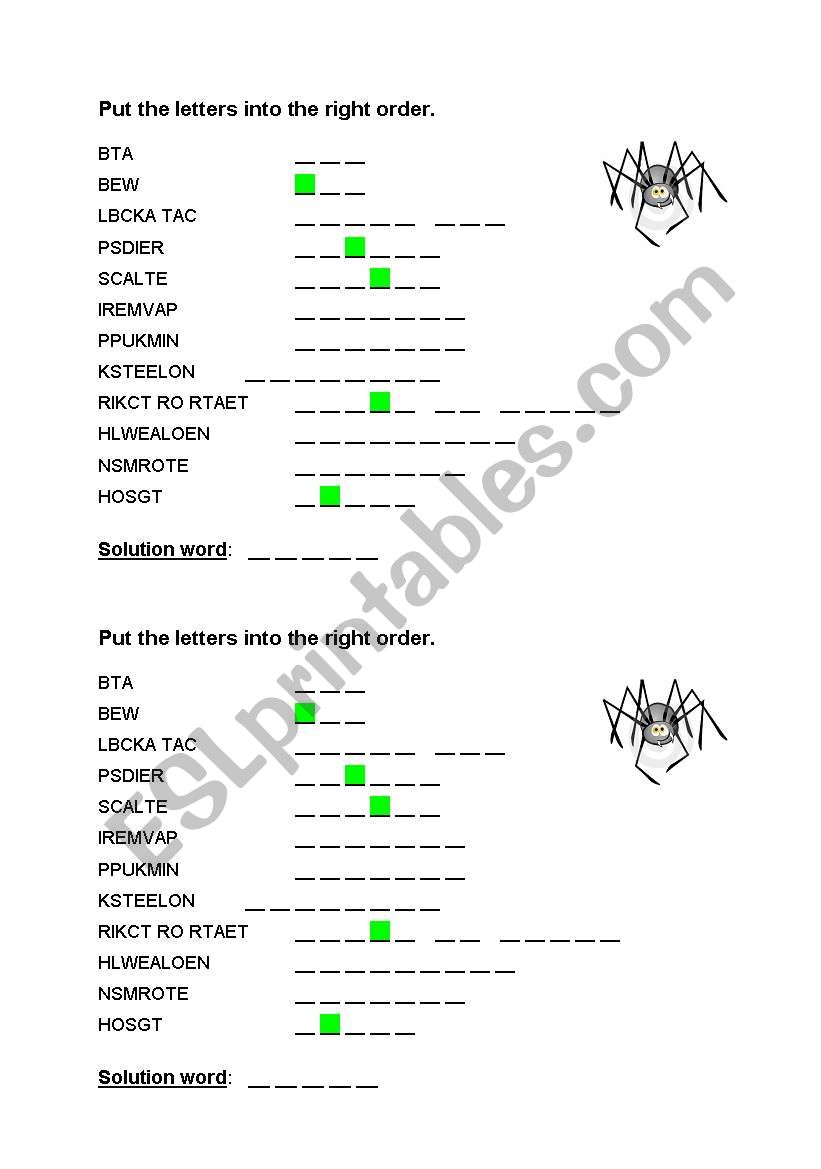 English Worksheets Put The Letters Into The Right Order