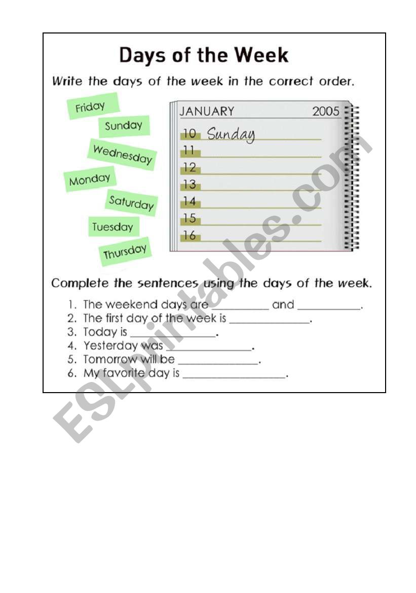 days worksheet