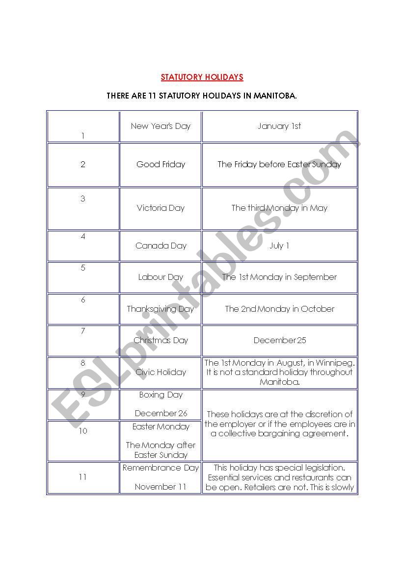 Canadian Statutory Holidays worksheet