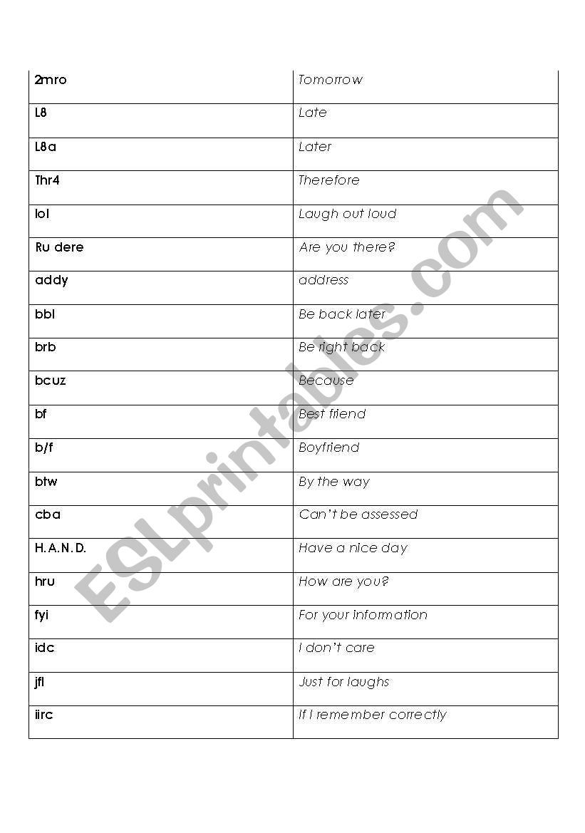 Generation Y Texting worksheet