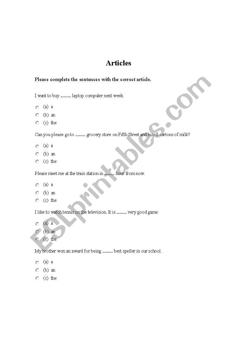 Basic Articles worksheet