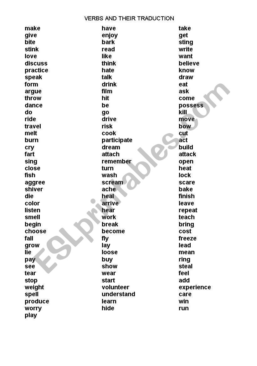 english worksheets list of verbs