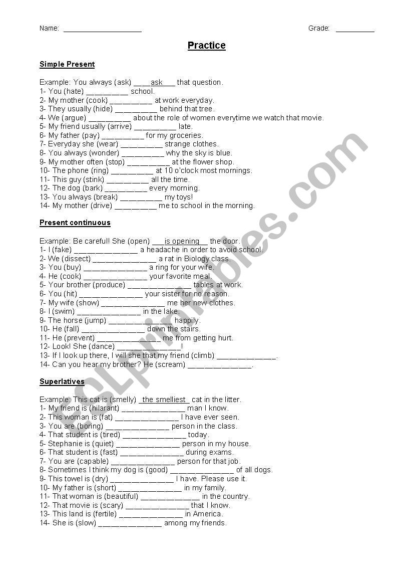 Worksheet to practice Simple Present, Present Continuous and Superlatives