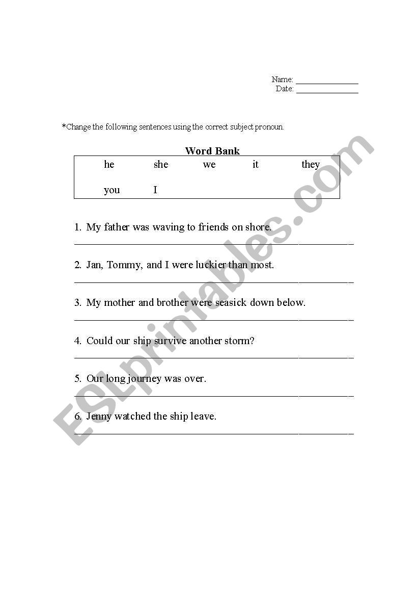 subject pronouns worksheet