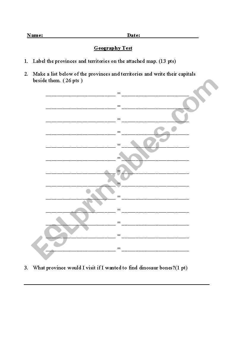 Geography - Canada Quiz worksheet