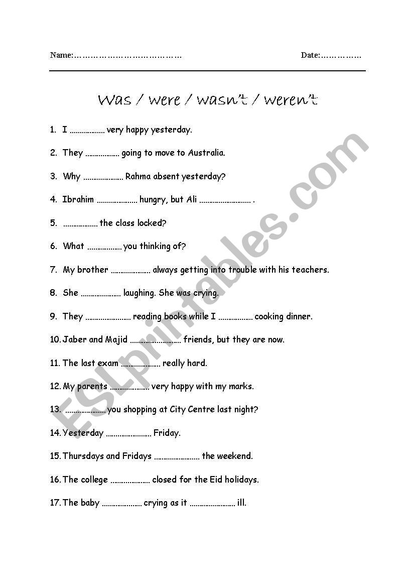  was were wasn t weren t ESL worksheet by seemaj