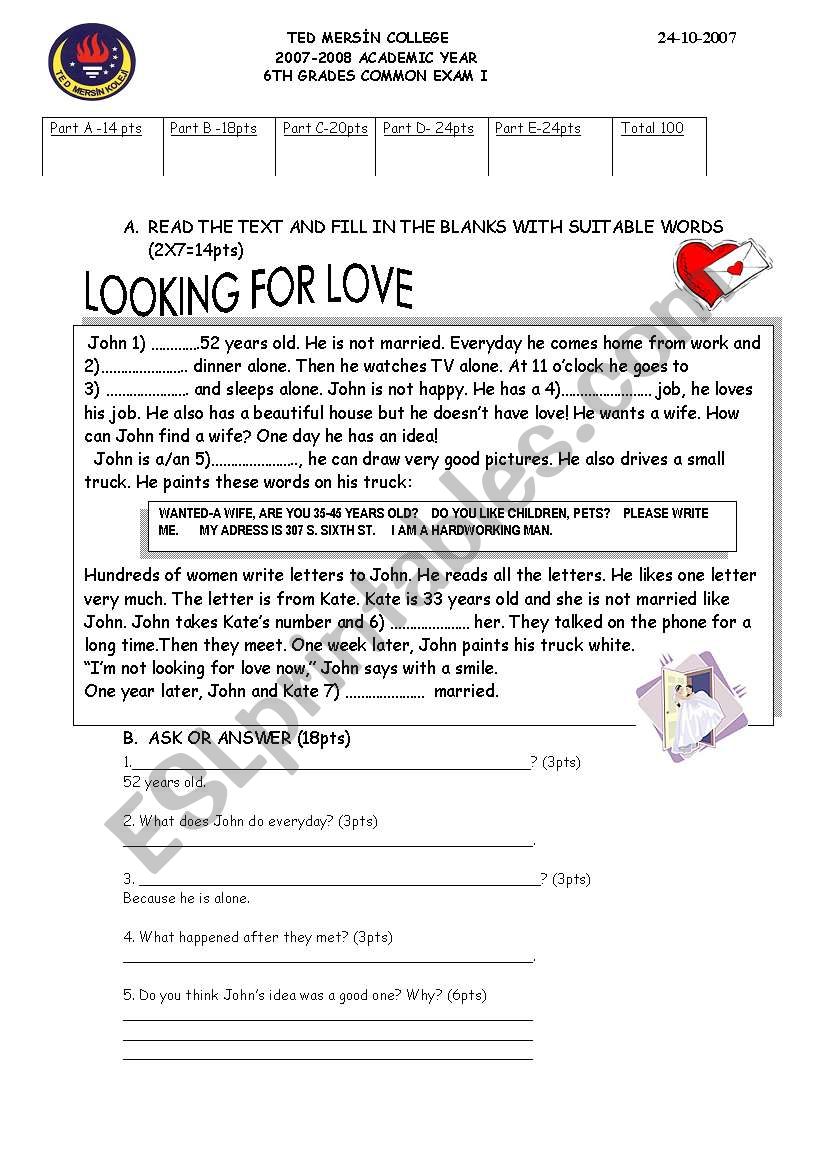 Looking for love worksheet