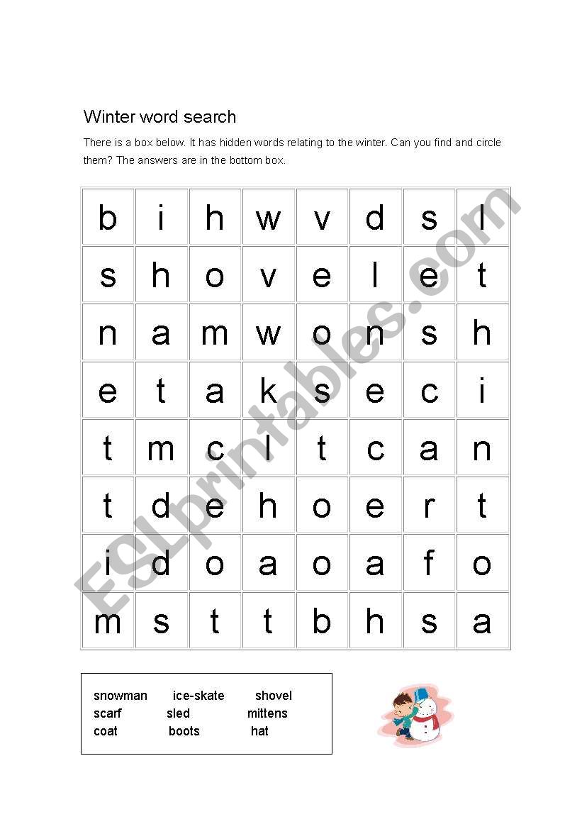 Winter word search worksheet