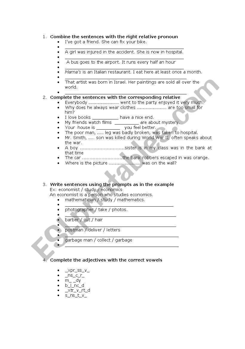 Relatives exam worksheet