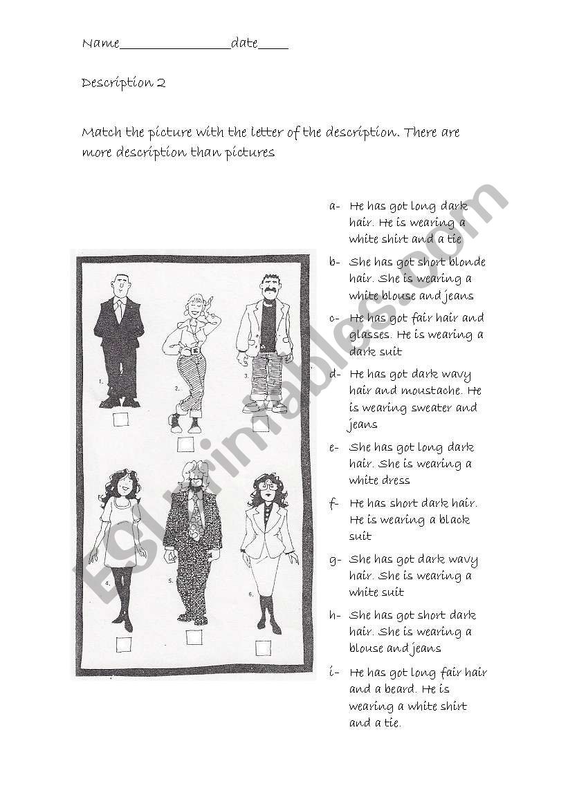 Descriptions worksheet