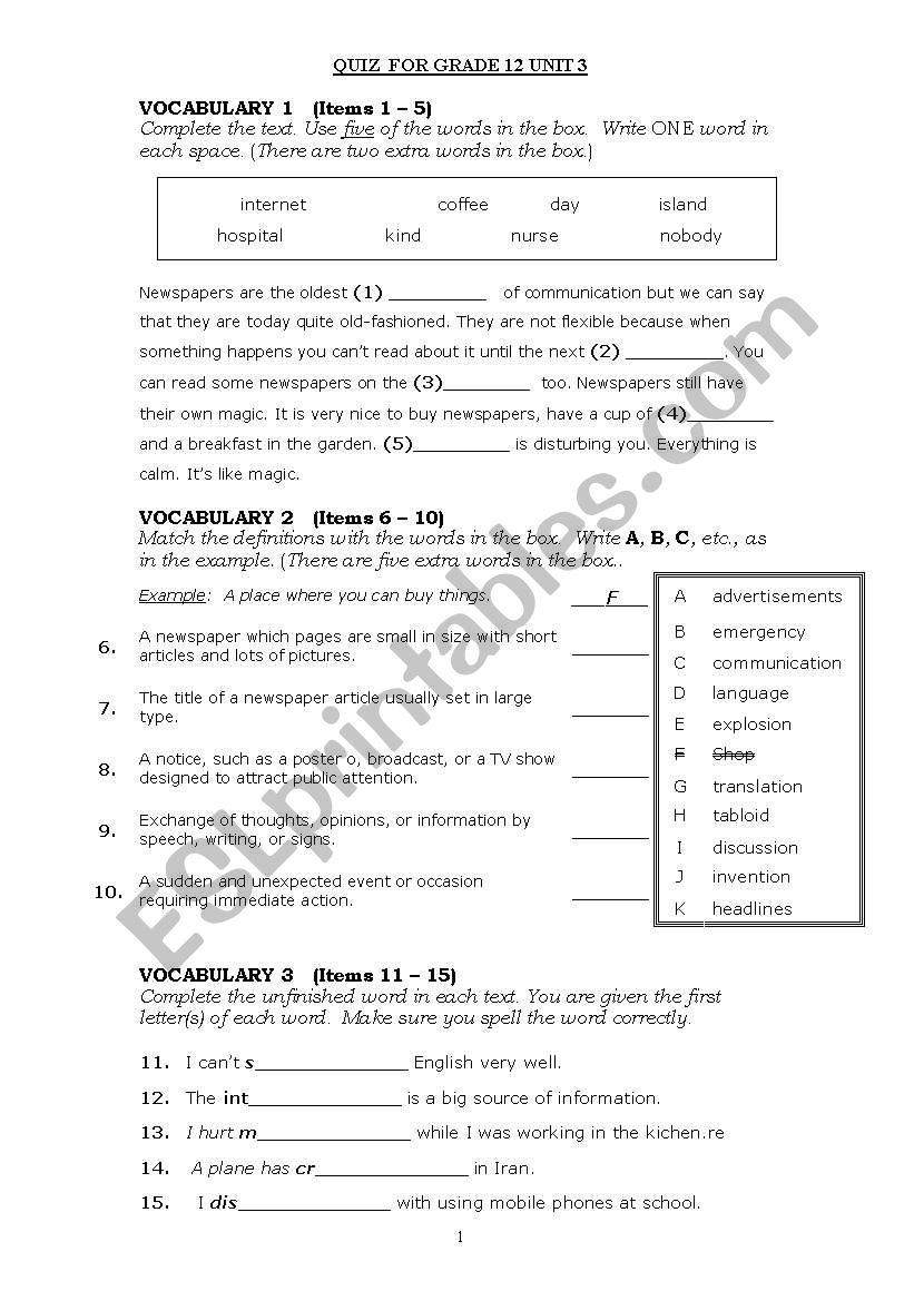 GRAMMAR AND VOCAB worksheet