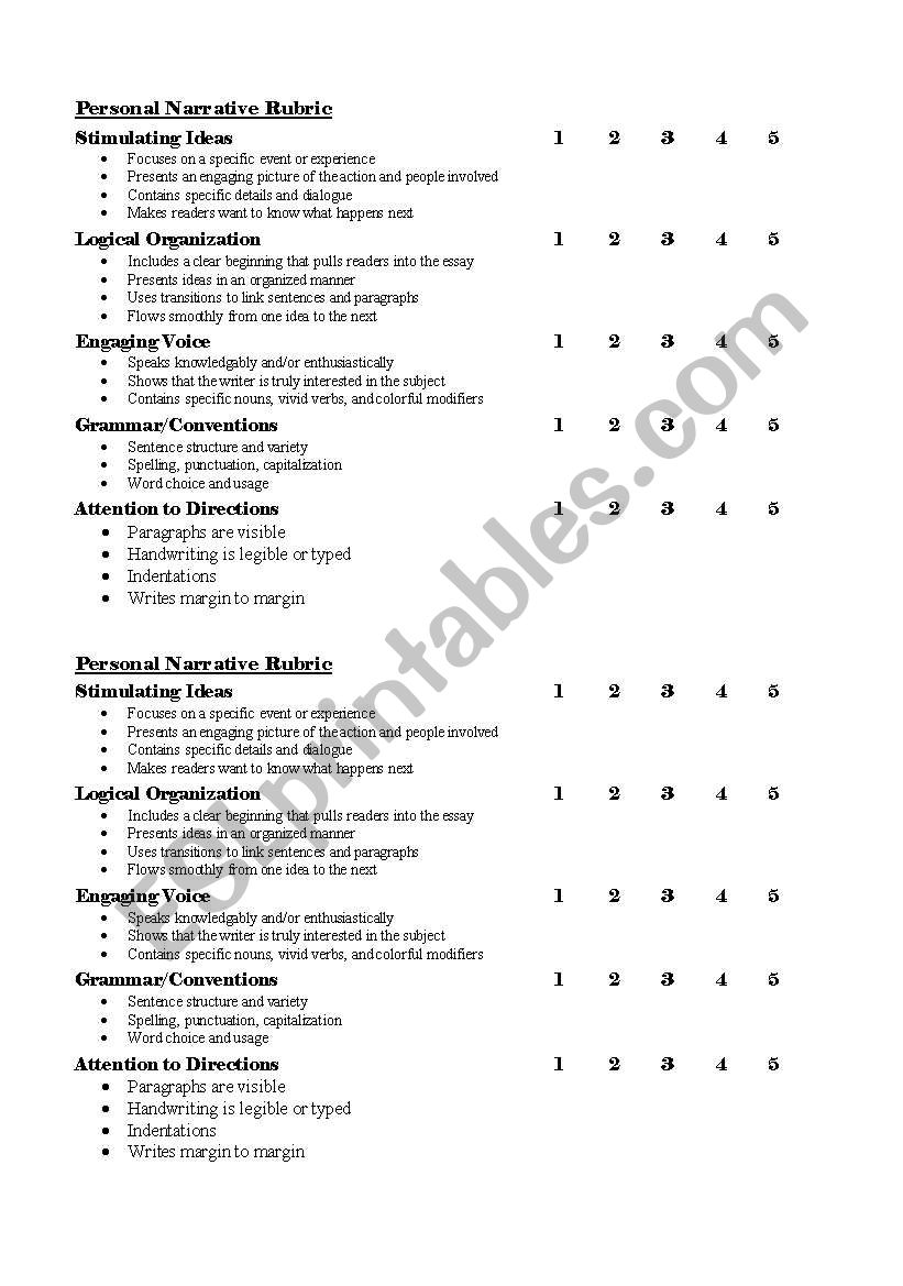 Personal Narrative rubric worksheet