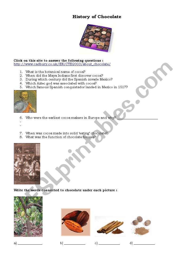 History of Chocolate worksheet