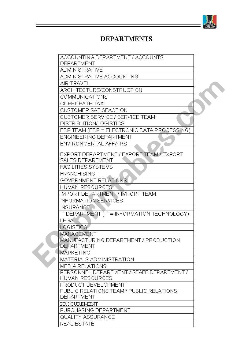 Departments and functions worksheet