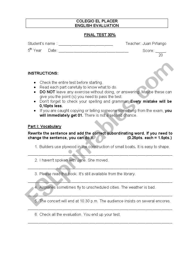 a final test model worksheet