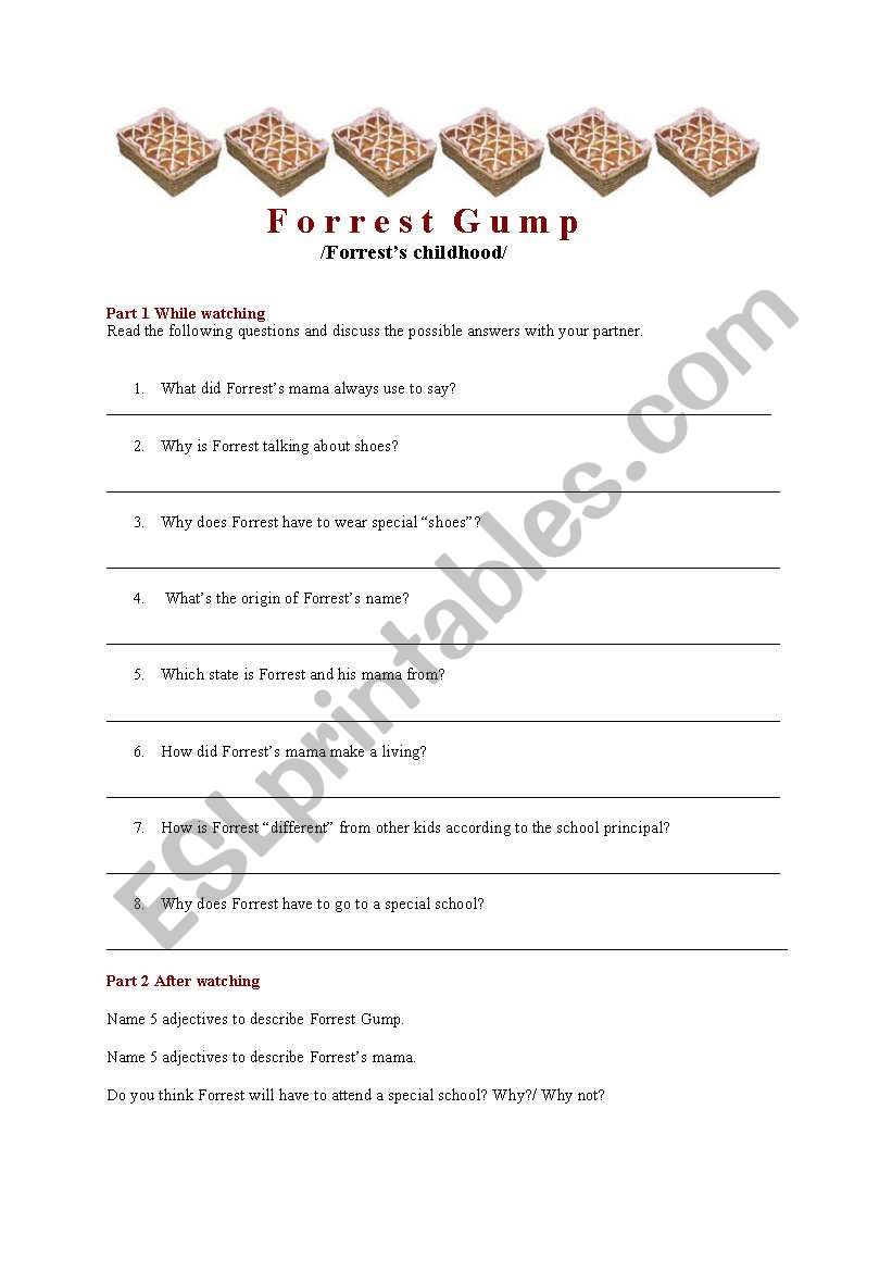 English worksheets: Forrest Gump video (Forrest´s childhood)