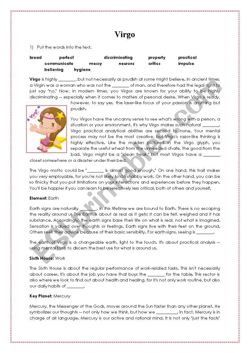 VIRGO zodiac sign reading worksheet
