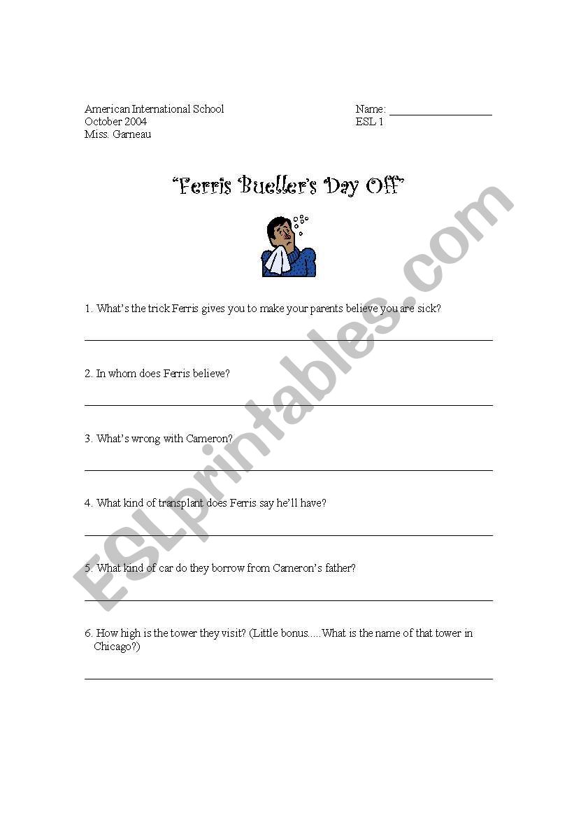 Ferris Buellers Day Off worksheet