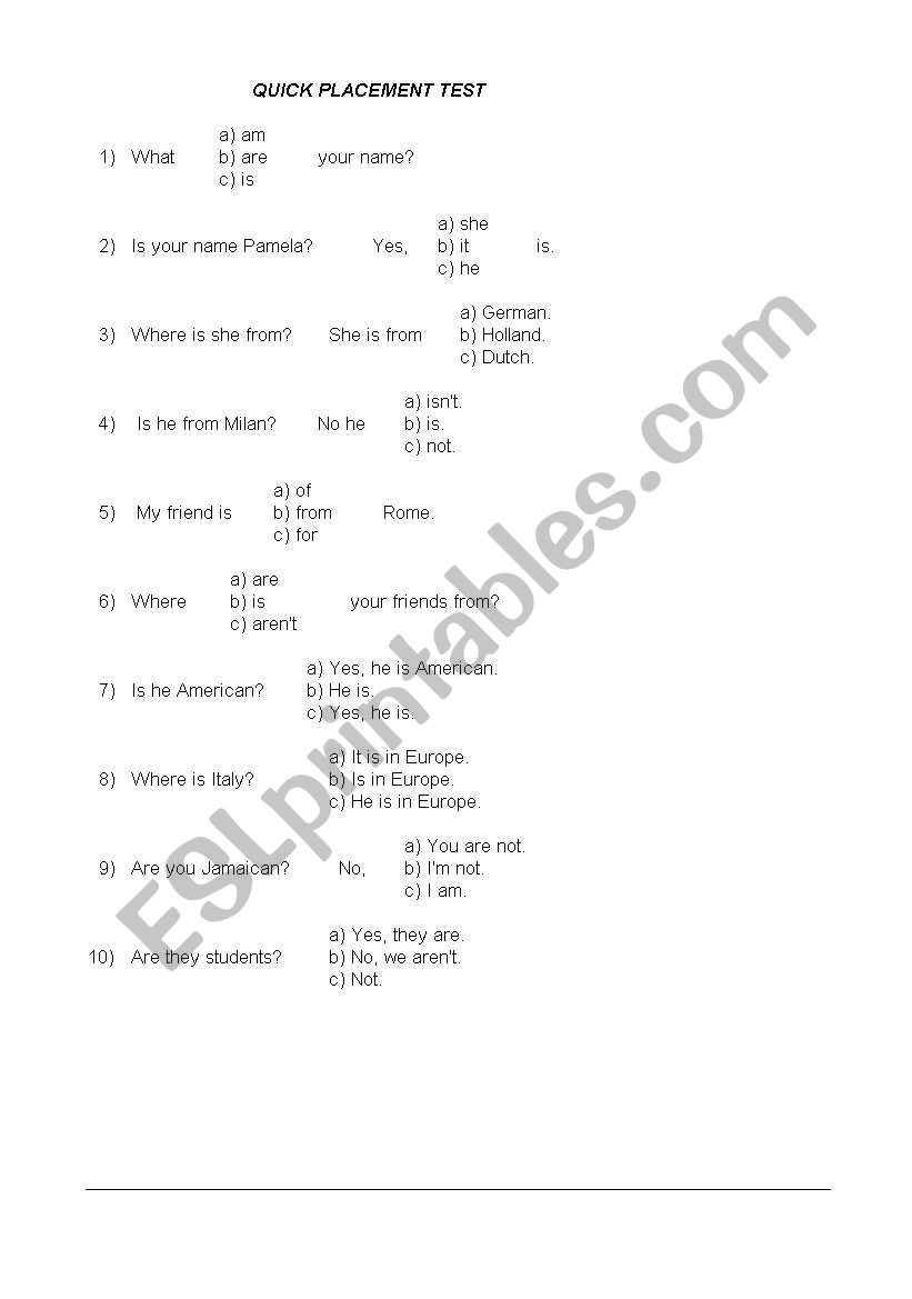 QUICK PLACEMENT TESTS worksheet