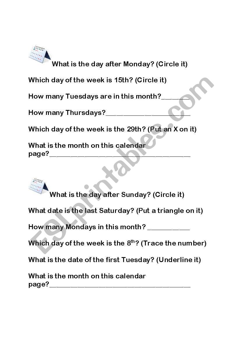 Calendar Skills worksheet