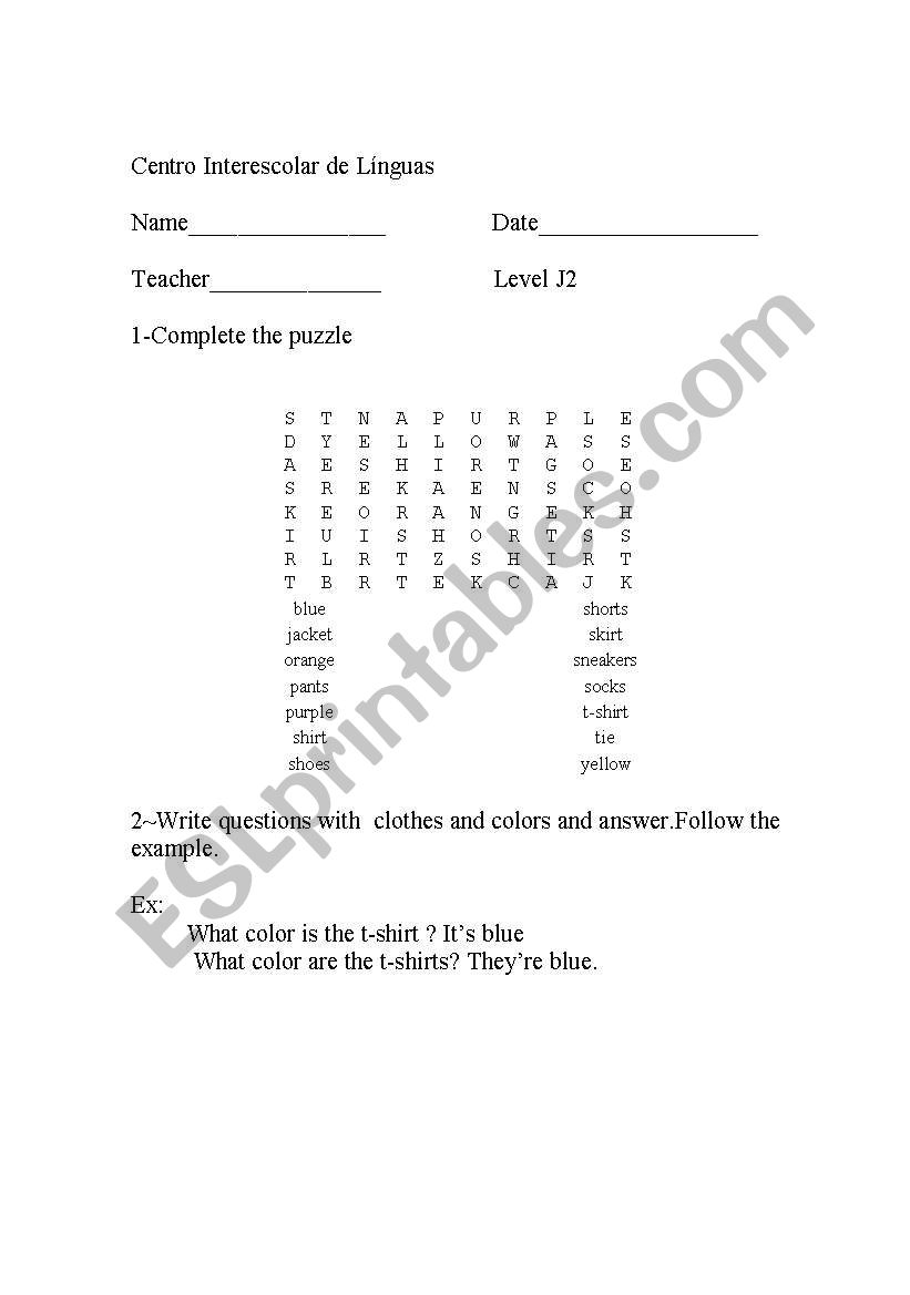 Clothes and colors worksheet