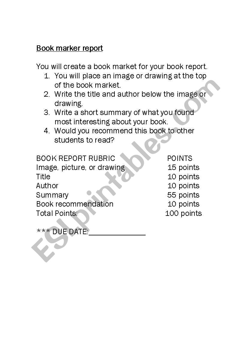 book mark project worksheet