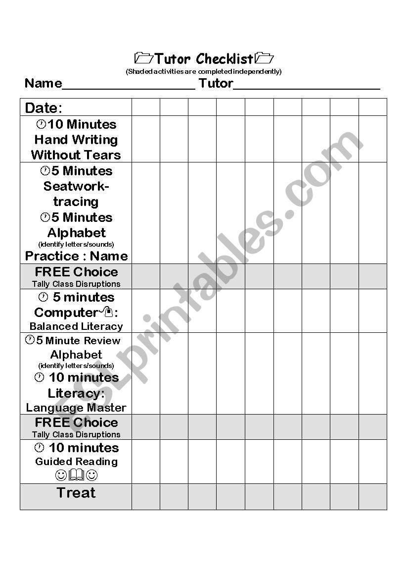 Tutor Checklist worksheet