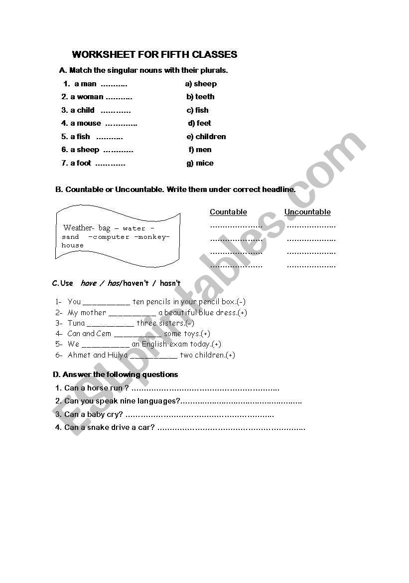 Countable Uncountable Nouns singular plural Nouns ESL Worksheet By Aysu