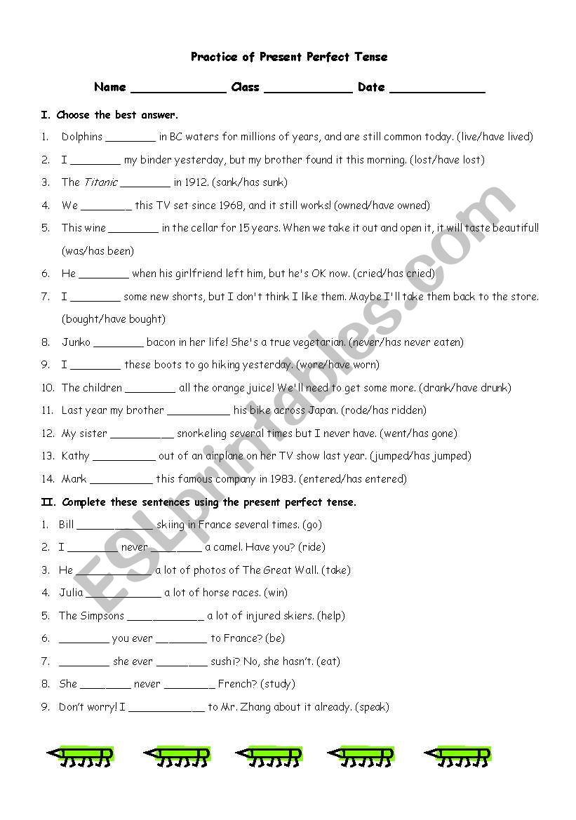 present perfect tense worksheet